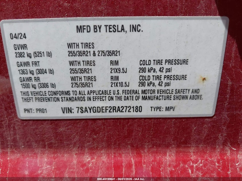 2024 Tesla Model y VIN 7SAYGDEF2RA272180 IAAI salvage auction — FRONT END, Salvage Title, sold $17,050 on 2026-07-09 (photo 9)