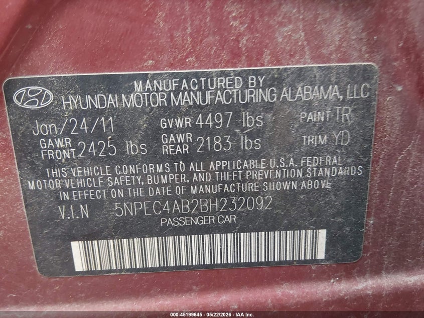 2011 Hyundai Sonata VIN 5NPEC4AB2BH232092 IAAI salvage auction — FRONT END, Clear (Virginia), sold $350 on 2026-07-07 (photo 9)