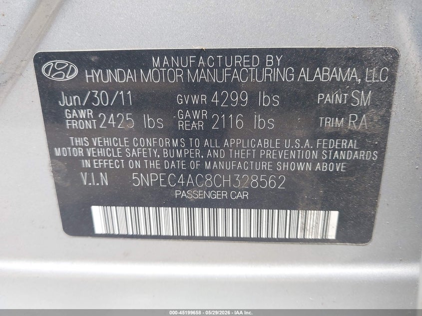 2012 Hyundai Sonata VIN 5NPEC4AC8CH328562 IAAI salvage auction — FRONT END, Salvage Title, sold $400 on 2026-07-07 (photo 9)