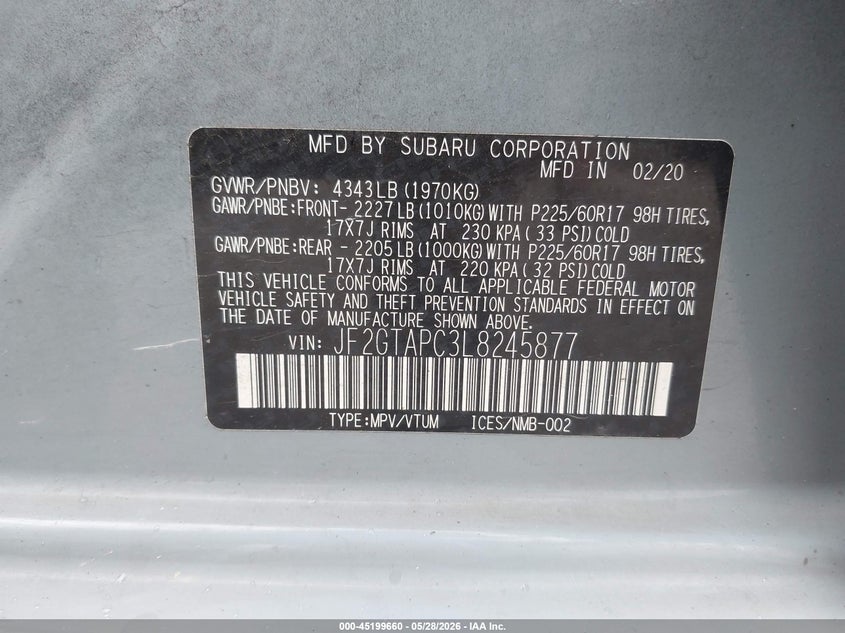 2020 Subaru Xv VIN JF2GTAPC3L8245877 IAAI salvage auction — HAIL, Clear (Missouri), sold $25 on 2026-07-27 (photo 9)