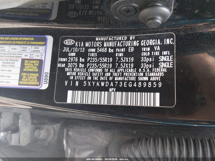 2014 Kia Sorento VIN 5XYKWDA73EG489859 IAAI salvage auction — SIDE, Salvage Title, sold $850 on 2026-07-22 (photo 9)