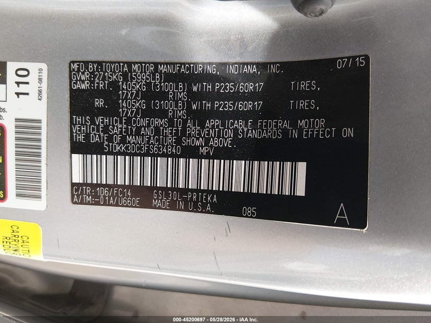 2015 Toyota Sienna VIN 5TDKK3DC3FS634840 IAAI salvage auction — LEFT REAR, Salvage Title, sold $3,775 on 2026-07-13 (photo 9)