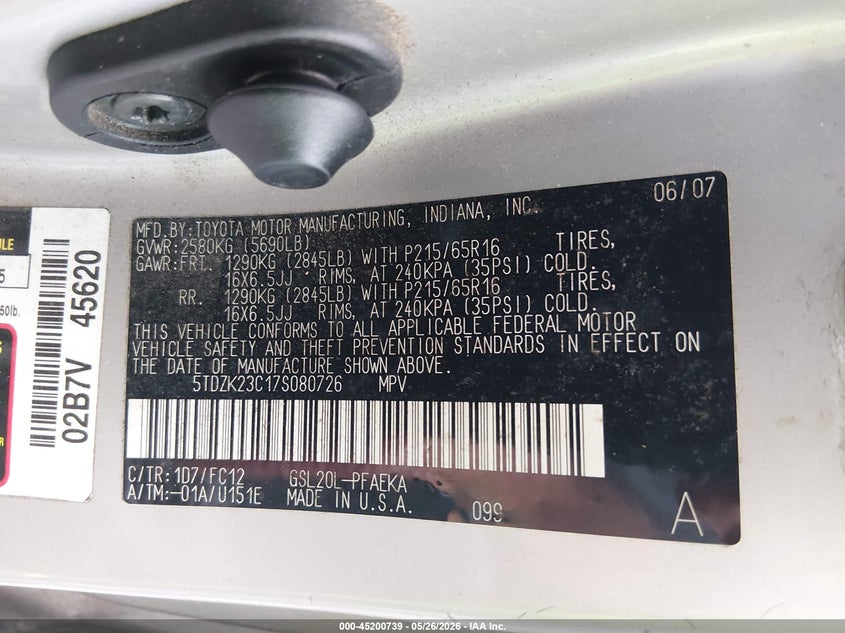 2007 Toyota Sienna VIN 5TDZK23C17S080726 IAAI salvage auction — NORMAL WEAR, Salvage (South Carolina), sold $675 on 2026-07-29 (photo 9)