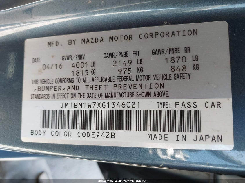 2016 Mazda VIN JM1BM1W7XG1346021 IAAI salvage auction — LEFT FRONT, Salvage (Arizona), sold $575 on 2026-07-07 (photo 9)