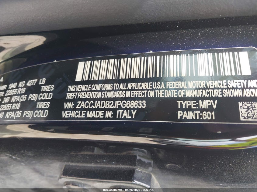 2018 Jeep Renegade VIN ZACCJADB2JPG68633 IAAI salvage auction — REAR END, Original (Texas), sold $1,500 on 2026-08-08 (photo 9)