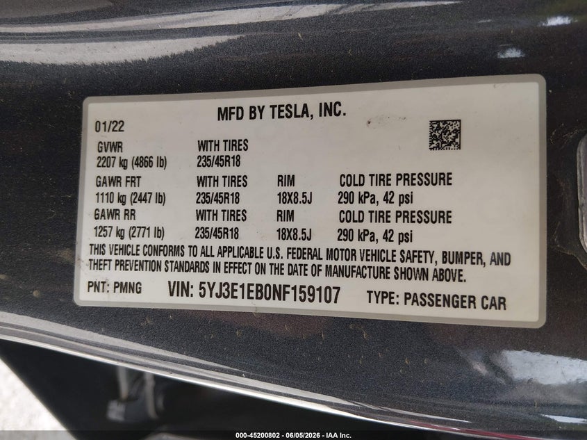 2022 Tesla Model 3 VIN 5YJ3E1EB0NF159107 IAAI salvage auction — LEFT REAR, Salvage (Illinois), sold $125 on 2026-07-28 (photo 9)