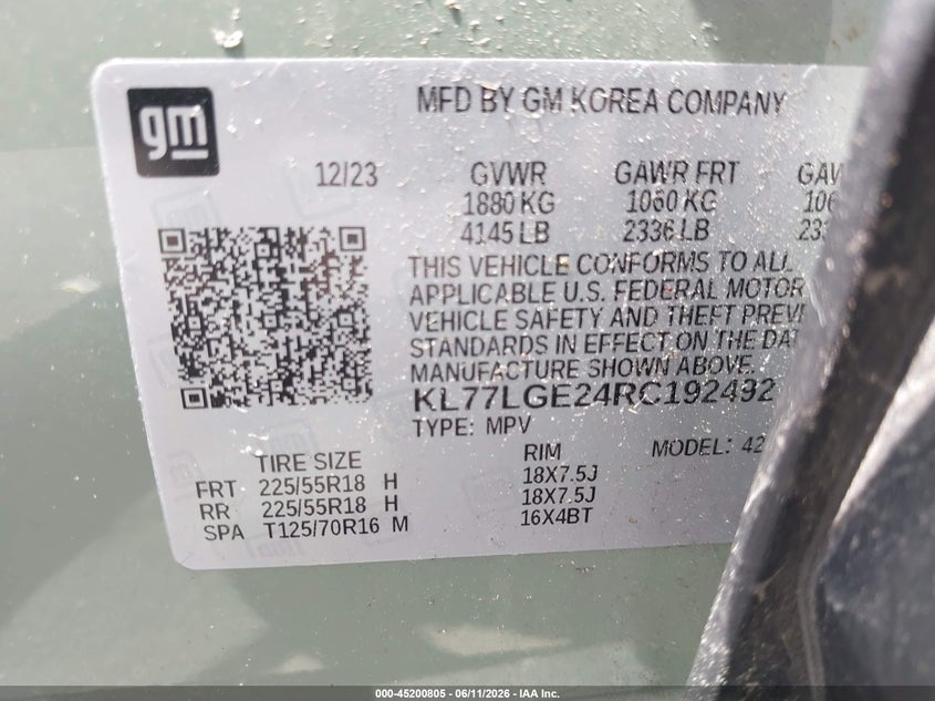 2024 Chevrolet Trax VIN KL77LGE24RC192492 IAAI salvage auction — REAR END, Mv-907A (New York), sold $5,200 on 2026-07-21 (photo 9)