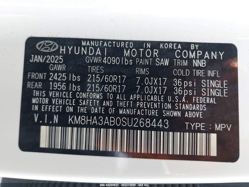 2025 Hyundai Kona VIN KM8HA3AB0SU268443 IAAI salvage auction — FRONT & REAR, Salvage (California), sold $3,500 on 2026-07-21 (photo 9)