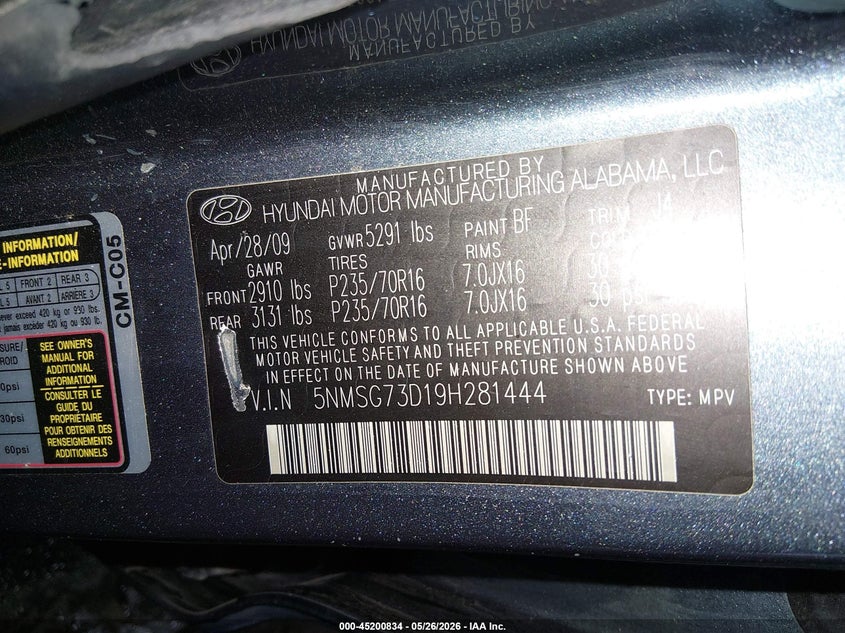 2009 Hyundai Santa fe VIN 5NMSG73D19H281444 IAAI salvage auction — FRONT END, Salvage (Idaho), sold $300 on 2026-08-22 (photo 9)