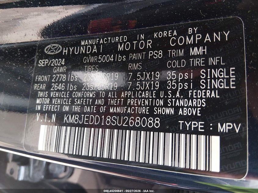 2025 Hyundai Tucson VIN KM8JEDD18SU268088 IAAI salvage auction — HAIL, Salvage Title, sold $16,200 on 2026-07-28 (photo 9)