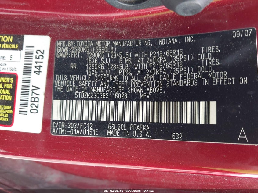 2008 Toyota Sienna VIN 5TDZK23C38S116028 IAAI salvage auction — FRONT END, Salvage (Texas), sold $450 on 2026-07-12 (photo 9)