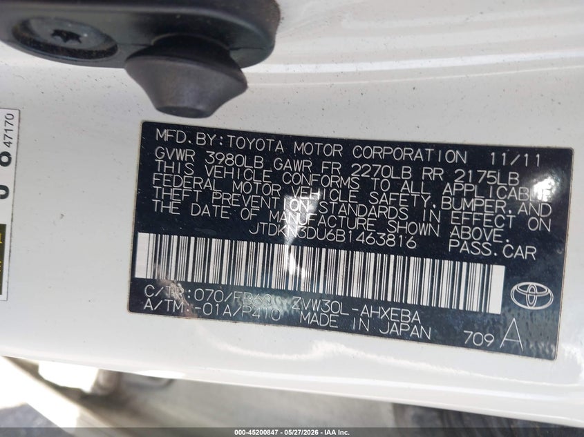 2011 Toyota Prius VIN JTDKN3DU6B1463816 IAAI salvage auction — NORMAL WEAR, Clear (Florida), sold $2,100 on 2026-07-07 (photo 9)