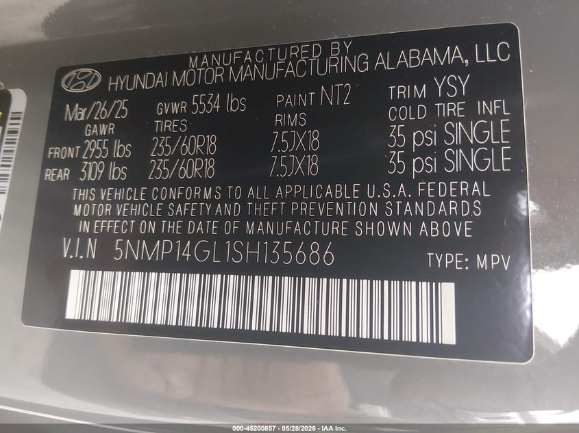 2025 Hyundai Santa fe VIN 5NMP14GL1SH135686 IAAI salvage auction — REAR END, Salvage Title, sold $11,200 on 2026-07-29 (photo 9)