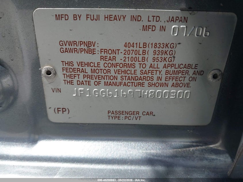 2007 Subaru Impreza VIN JF1GG61697H800300 IAAI salvage auction — NORMAL WEAR, Clear - Dealer Only (California), sold $775 on 2026-07-06 (photo 9)