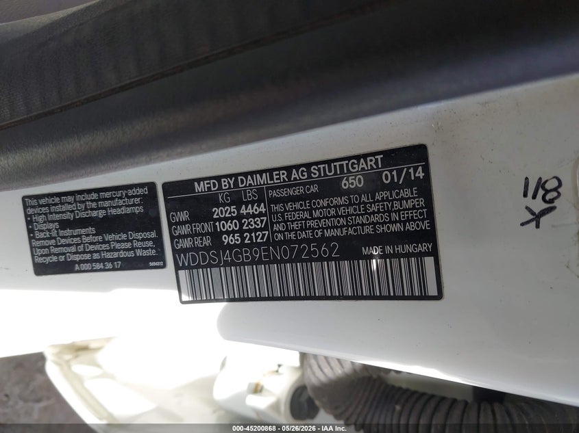 2014 Mercedes-benz Cla-klasse VIN WDDSJ4GB9EN072562 IAAI salvage auction — UNDERCARRIAGE, Salvage (Illinois), sold $2,000 on 2026-08-12 (photo 9)