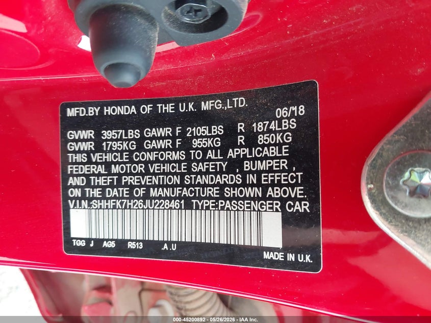 2018 Honda Civic VIN SHHFK7H26JU228461 IAAI salvage auction — FRONT END, Salvage (Texas), sold $3,100 on 2026-07-13 (photo 9)