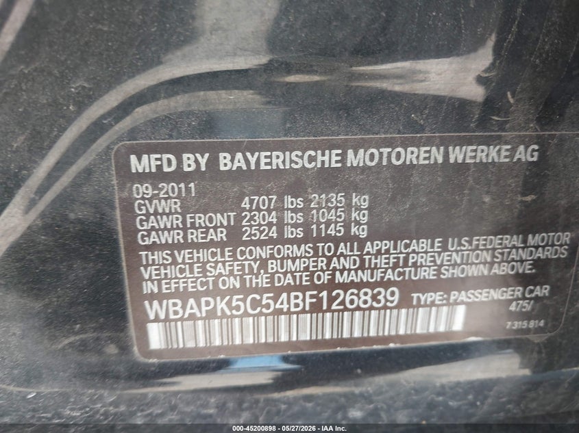 2011 BMW 3er VIN WBAPK5C54BF126839 IAAI salvage auction — LEFT & RIGHT, Salvage (Iowa), sold $425 on 2026-08-03 (photo 9)