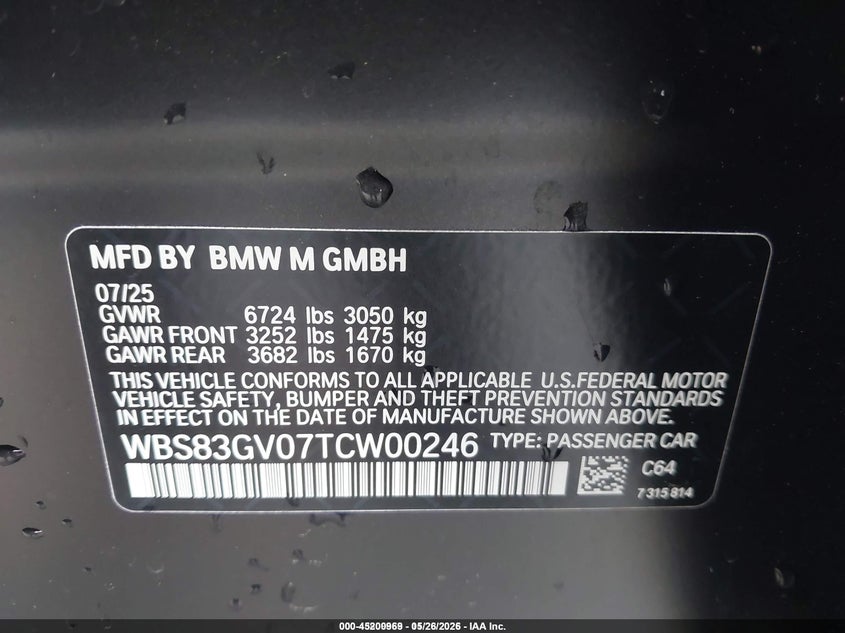 2026 BMW M5 VIN WBS83GV07TCW00246 IAAI salvage auction — Rear End, Salvage - Greater Than 75% (Maryland), sold $65,000 on 2026-06-20 (photo 9)