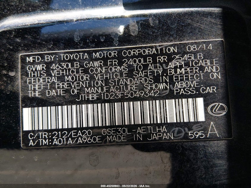 2015 Lexus VIN JTHBF1D23F5049342 IAAI salvage auction — RIGHT REAR, Salvage (California), sold $4,600 on 2026-07-06 (photo 9)