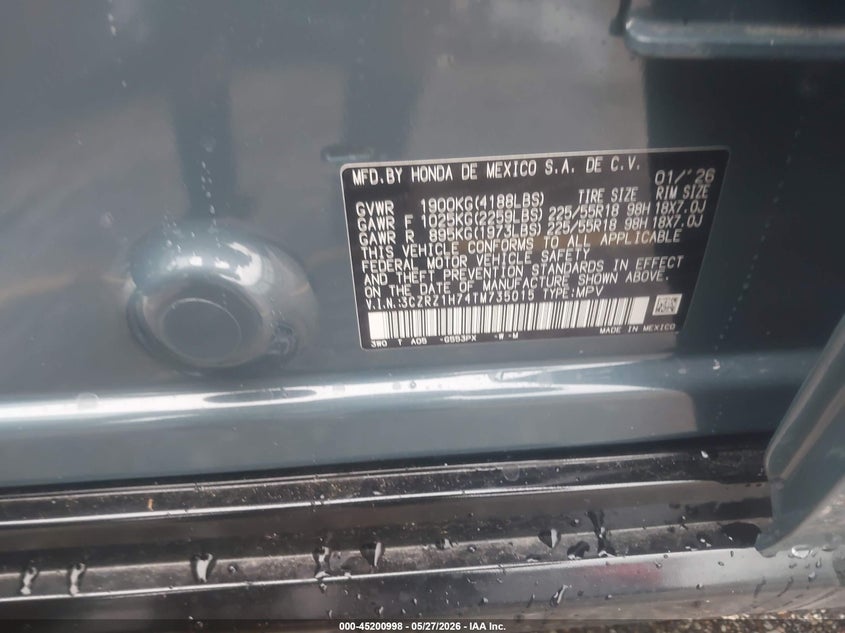 2026 Honda Hr-v VIN 3CZRZ1H74TM735015 IAAI salvage auction — FRONT END, Salvage Title, sold $11,300 on 2026-07-22 (photo 9)