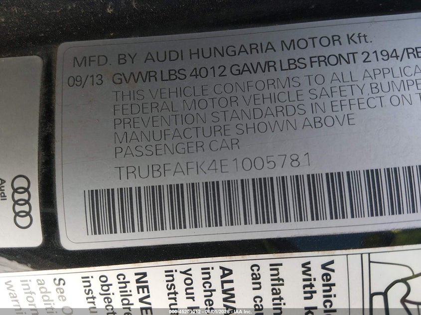 2014 Audi Tt VIN TRUBFAFK4E1005781 IAAI salvage auction — VANDALISM, Salvage Title, sold $2,600 on 2026-07-21 (photo 9)