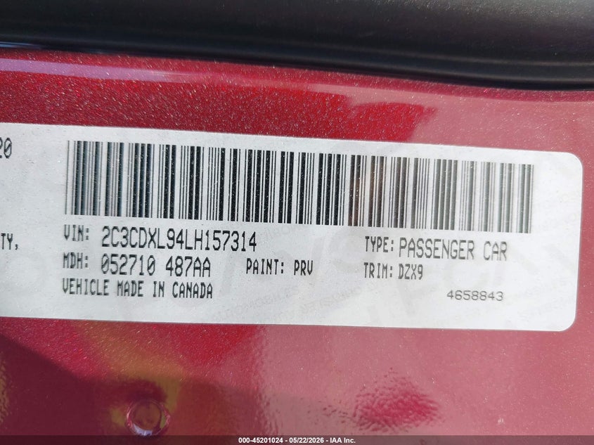 2020 Dodge Charger VIN 2C3CDXL94LH157314 IAAI salvage auction — RIGHT REAR, Salvage (Arizona), sold $22,600 on 2026-07-30 (photo 9)