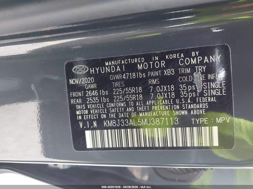 2021 Hyundai Tucson VIN KM8J33AL5MU387113 IAAI salvage auction — FRONT END, Original (Texas), sold $4,500 on 2026-07-25 (photo 9)