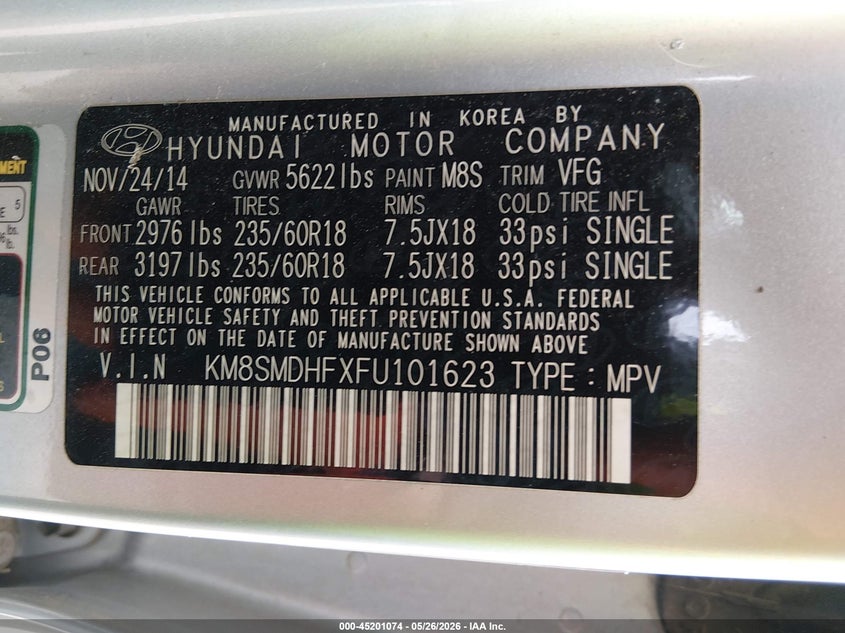 2015 Hyundai Santa fe VIN KM8SMDHFXFU101623 IAAI salvage auction — NORMAL WEAR, Clear (Colorado), sold $1,400 on 2026-07-21 (photo 9)