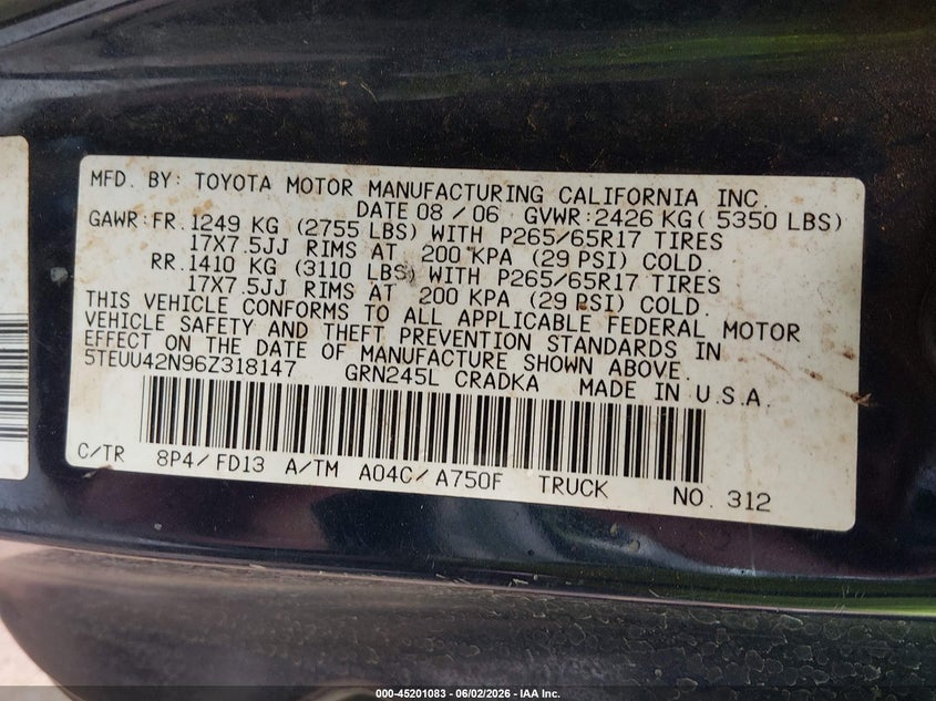 2006 Toyota Tacoma VIN 5TEUU42N96Z318147 IAAI salvage auction — REAR END, Salvage (Hawaii), sold $25 on 2026-07-28 (photo 9)