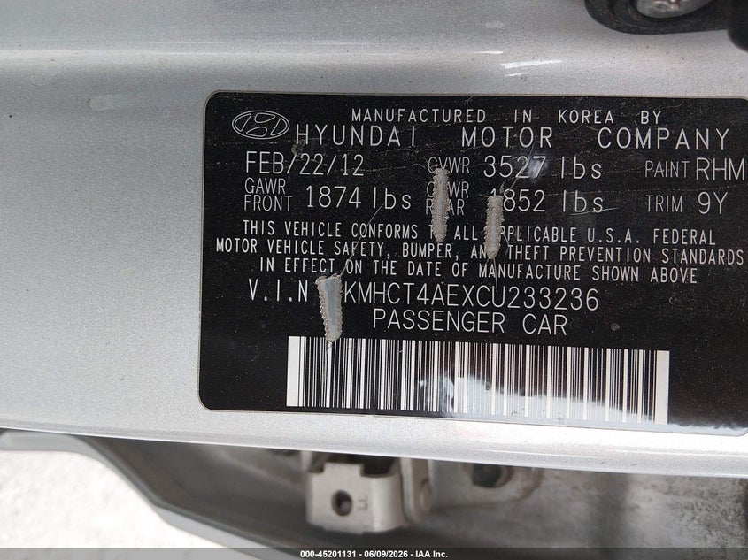 2012 Hyundai Accent VIN KMHCT4AEXCU233236 IAAI salvage auction — FRONT END, Salvage Title, sold $550 on 2026-07-16 (photo 9)