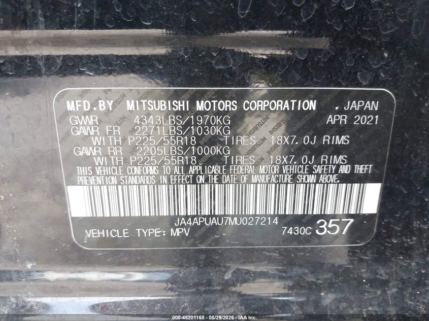 2021 Mitsubishi Outlander VIN JA4APUAU7MU027214 IAAI salvage auction — HAIL, Original (Texas), sold $4,050 on 2026-07-29 (photo 9)
