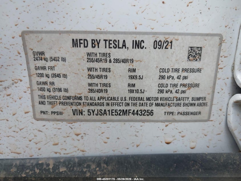 2021 Tesla Model s VIN 5YJSA1E52MF443256 IAAI salvage auction — FRONT & REAR, Salvage (Alabama), sold $5,600 on 2026-07-12 (photo 9)