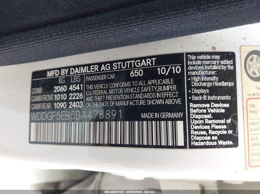 2011 Mercedes-benz C-klasse VIN WDDGF5EB5BA478891 IAAI salvage auction — FRONT END, Salvage (Texas), sold $300 on 2026-07-08 (photo 9)