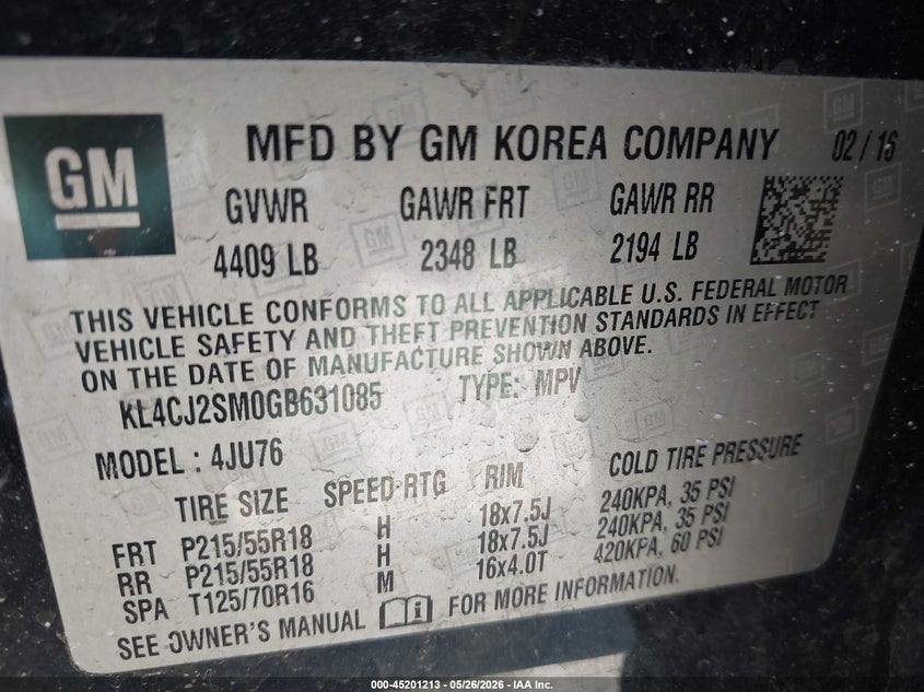 2016 Buick Encore VIN KL4CJ2SM0GB631085 IAAI salvage auction — HAIL, Salvage Title, sold $3,425 on 2026-07-22 (photo 9)