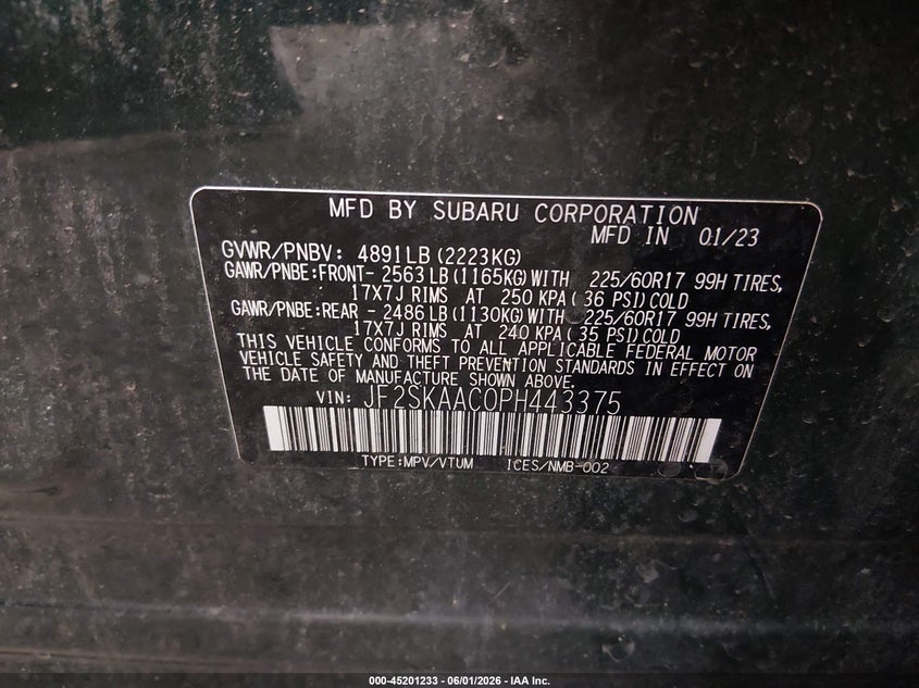 2023 Subaru Forester VIN JF2SKAAC0PH443375 IAAI salvage auction — ROLLOVER, Salvage Title, sold $700 on 2026-09-03 (photo 9)