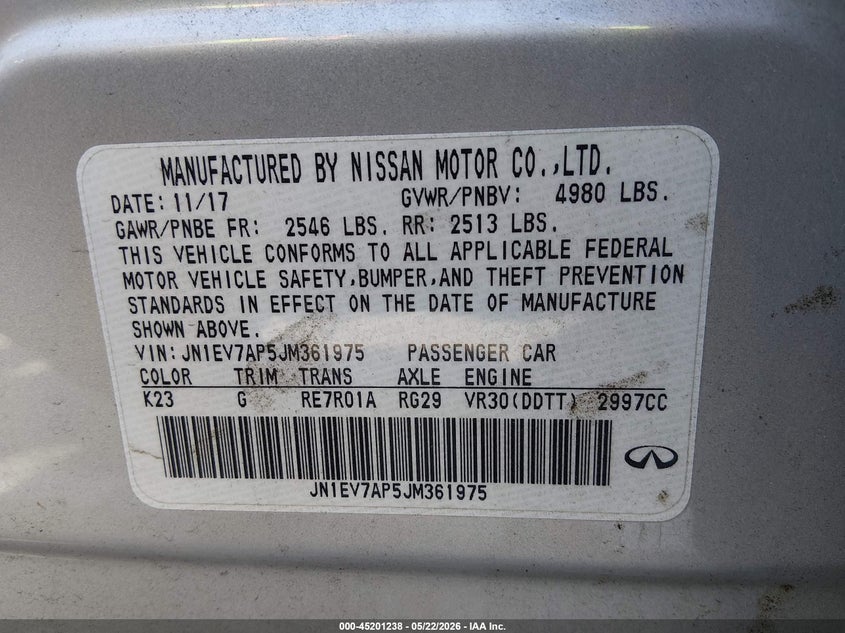 2018 Infiniti Q50 VIN JN1EV7AP5JM361975 IAAI salvage auction — MECHANICAL, Clear - Dealer Only (California), sold $1,525 on 2026-07-07 (photo 9)