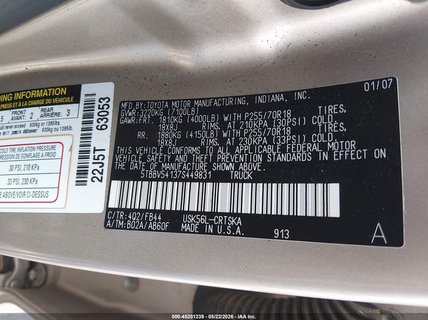 2007 Toyota Tundra VIN 5TBBV54137S449831 IAAI salvage auction — SUSPENSION, Salvage (Colorado), sold $2,850 on 2026-07-28 (photo 9)