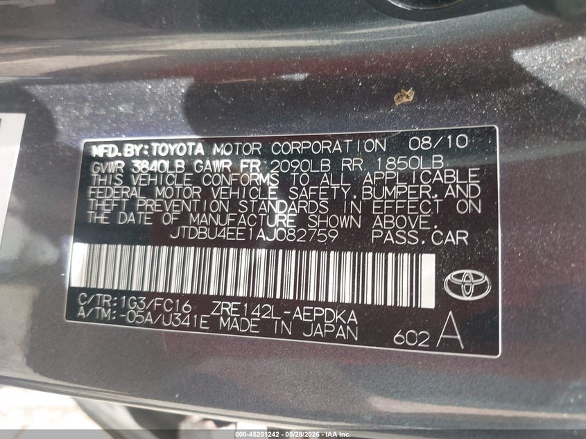 2010 Toyota Corolla VIN JTDBU4EE1AJ082759 IAAI salvage auction — REAR END, Salvage (Alabama), sold $25 on 2026-07-21 (photo 9)