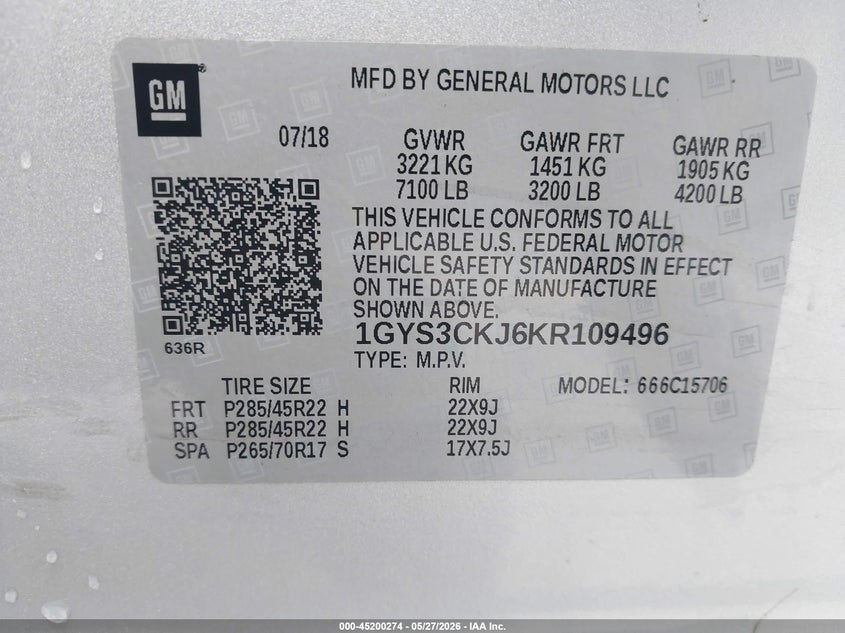 2019 Cadillac Escalade VIN 1GYS3CKJ6KR109496 IAAI salvage auction — RIGHT SIDE, Salvage Title, sold $9,525 on 2026-07-21 (photo 9)