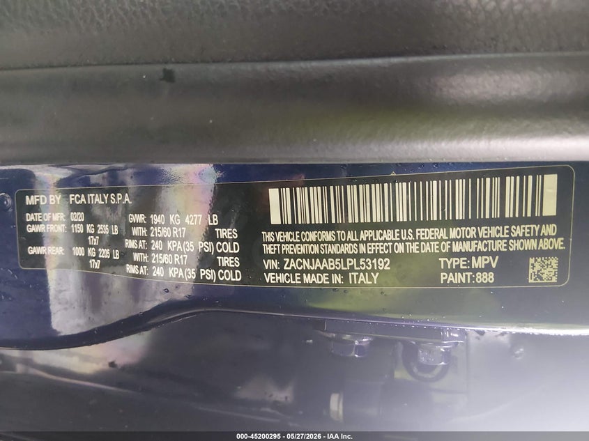 2020 Jeep Renegade VIN ZACNJAAB5LPL53192 IAAI salvage auction — RIGHT FRONT, Salvage Title, sold $825 on 2026-07-15 (photo 9)