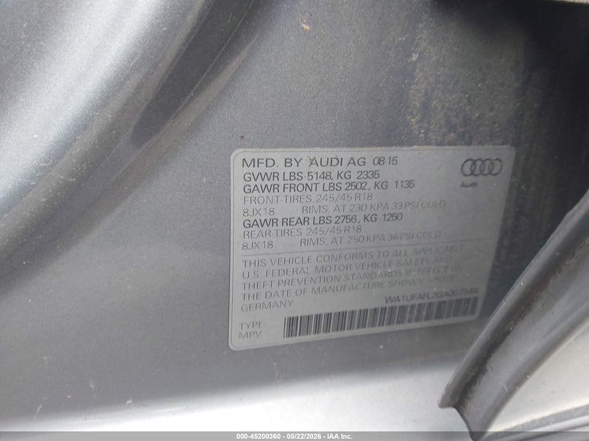 2016 Audi Allroad VIN WA1UFAFL2GA007344 IAAI salvage auction — FRONT END, Salvage (Pennsylvania), sold $1,400 on 2026-07-28 (photo 9)
