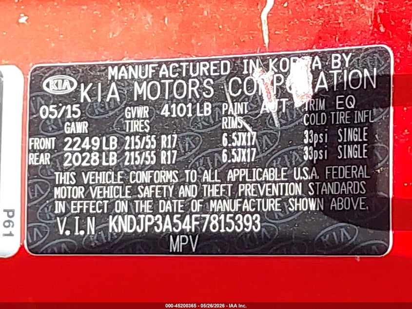 2015 Kia Soul VIN KNDJP3A54F7815393 IAAI salvage auction — REAR END, Original (Texas), sold $1,950 on 2026-07-22 (photo 9)