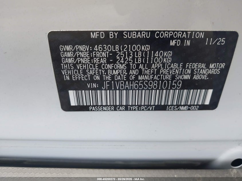2025 Subaru Wrx VIN JF1VBAH65S9810159 IAAI salvage auction — FRONT END, Salvage (California), sold $425 on 2026-07-23 (photo 9)