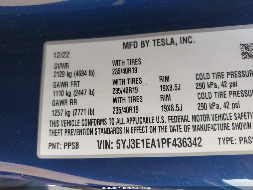 2023 Tesla Model 3 VIN 5YJ3E1EA1PF436342 IAAI salvage auction — FRONT END, Certificate Of Destruction (Florida), sold $7,600 on 2026-07-16 (photo 9)