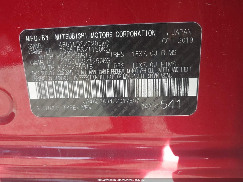 2020 Mitsubishi Outlander VIN JA4AD3A34LZ017607 IAAI salvage auction — FRONT END, Junk Bill Of Sale Mv2459 (Wisconsin), sold $3,475 on 2026-07-09 (photo 9)