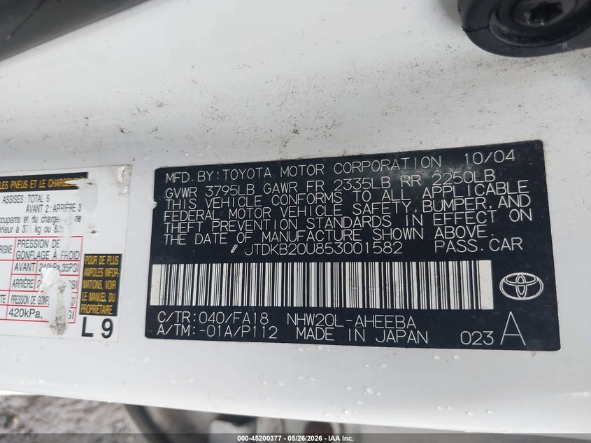 2005 Toyota Prius VIN JTDKB20U853001582 IAAI salvage auction — NORMAL WEAR, Clear (Maryland), sold $250 on 2026-07-22 (photo 9)