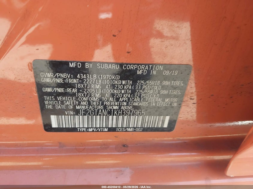 2019 Subaru Xv VIN JF2GTANC1KH397965 IAAI salvage auction — FRONT & REAR, Salvage Title, sold $2,500 on 2026-08-02 (photo 9)