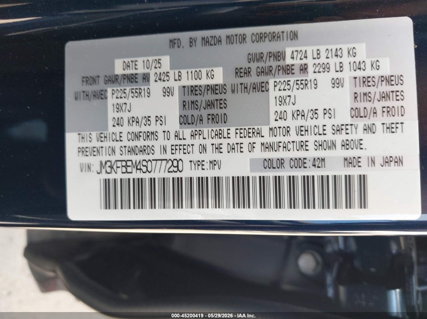 2025 Mazda Cx-5 VIN JM3KFBEM4S0777290 IAAI salvage auction — HAIL, Salvage Title, sold $15,750 on 2026-07-28 (photo 9)