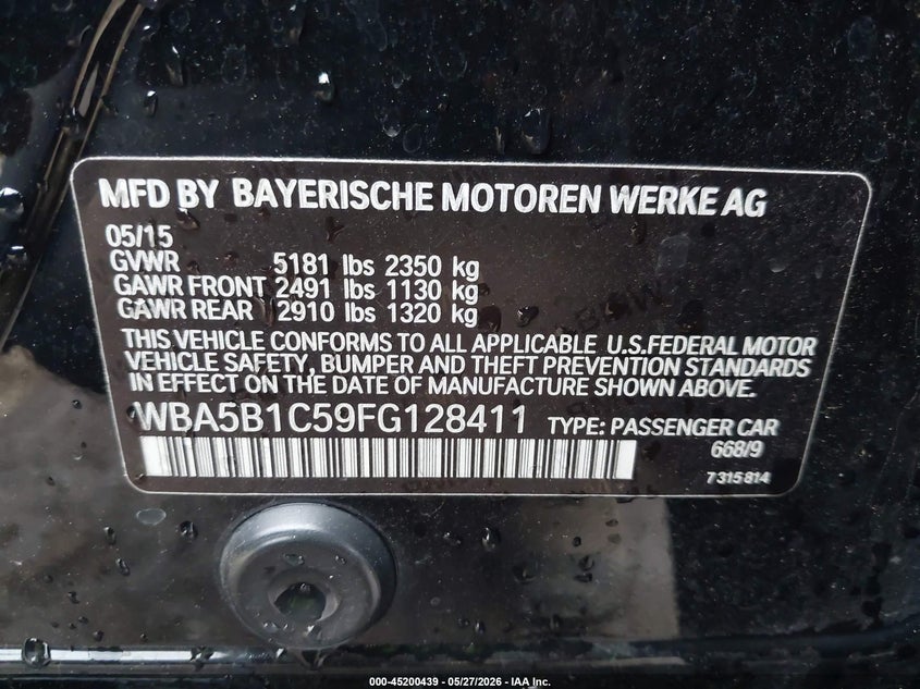 2015 BMW 5er VIN WBA5B1C59FG128411 IAAI salvage auction — ENGINE DAMAGE, Clear (Oklahoma), sold $2,250 on 2026-07-05 (photo 9)