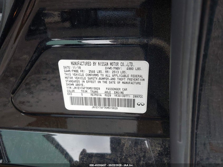 2019 Infiniti Q50 VIN JN1EV7AP7KM515829 IAAI salvage auction — UNKNOWN, Clear (Oklahoma), sold $3,150 on 2026-07-07 (photo 9)